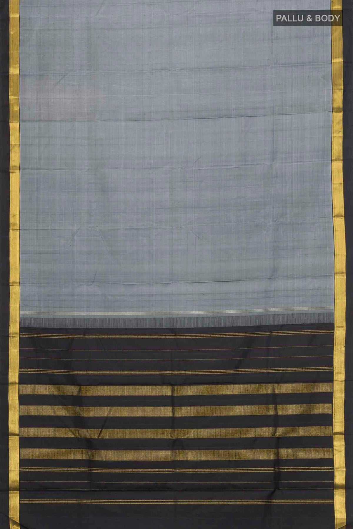 Flat view of Grey Kanchipuram Silk Saree with Plain Body and Zari Border
