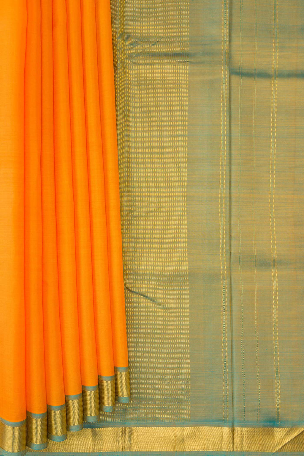 Pleats and pallu of Orange Dual Tone Kanjivaram Silk Saree with Plain Body and Zari Border. 
