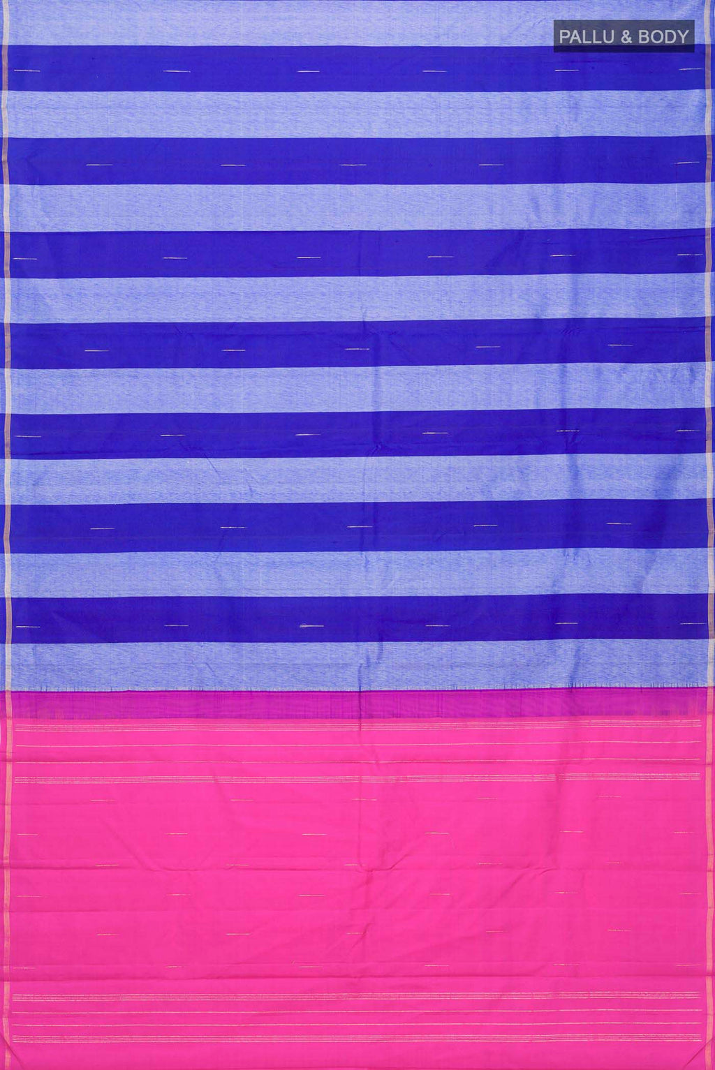 Flat view of Blue Kanchipuram Silk Saree with Stripes on the body and Zari Border