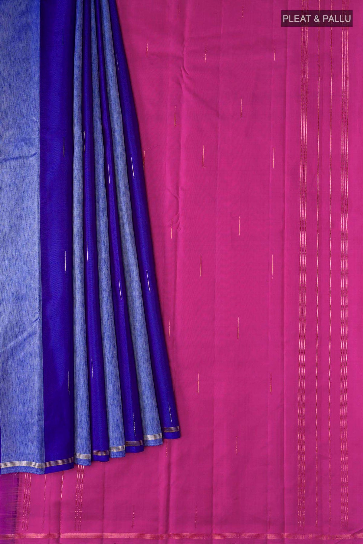 Pleats and pallu of Blue Kanchipuram Silk Saree with Stripes on the body and Zari Border