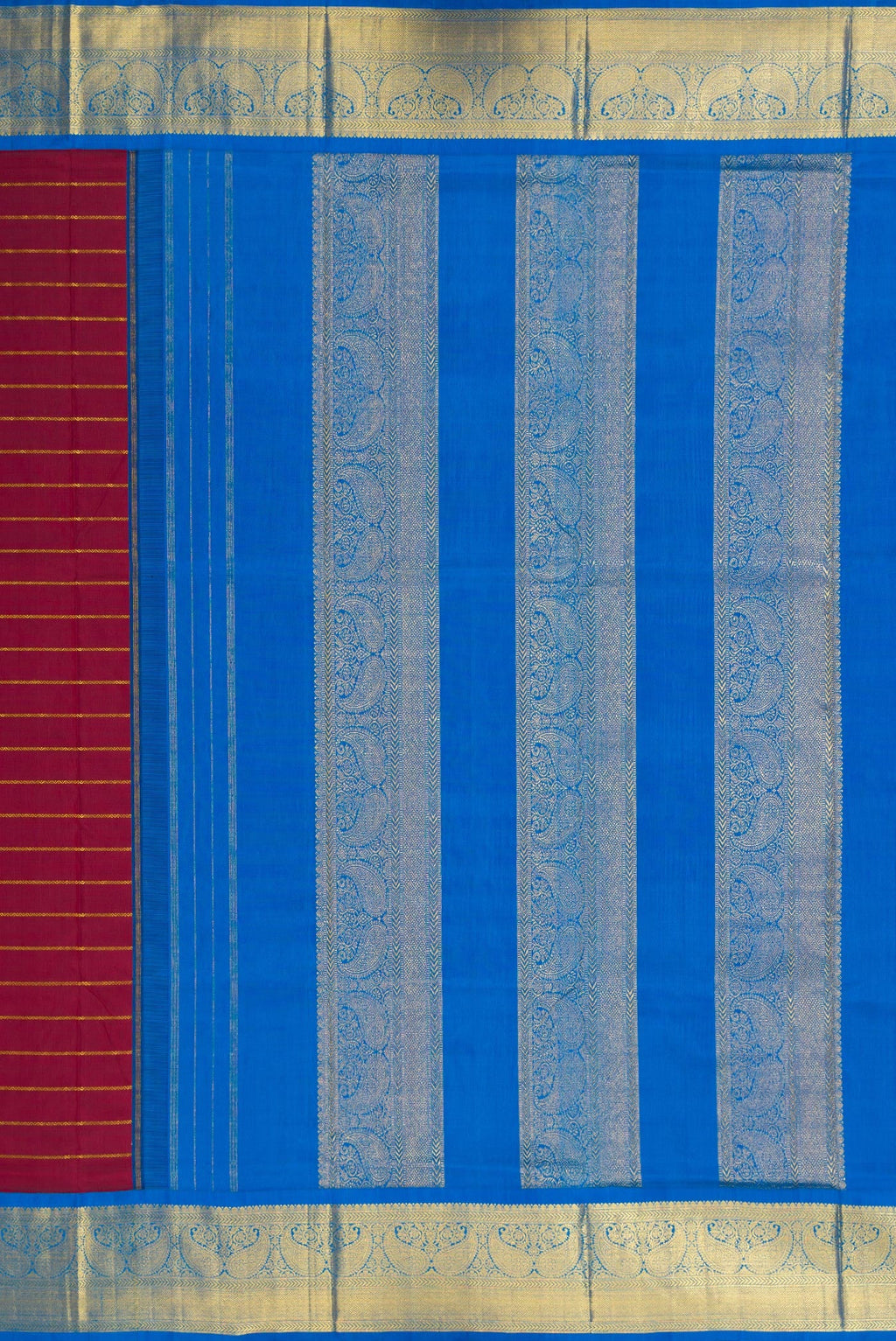 Close up image of the pallu of Pure Silk Pure Zari Maroon Dual Tone Kanchipuram Nine Yards Saree with Stripes on the body and Zari Border. 