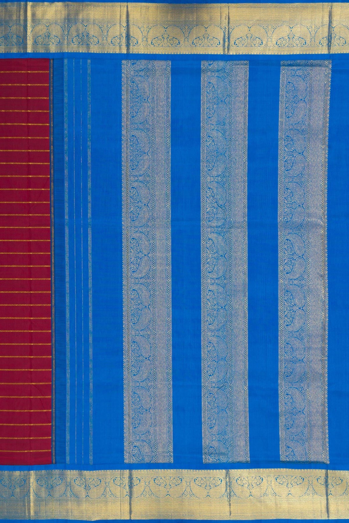 Close up image of the pallu of Pure Silk Pure Zari Maroon Dual Tone Kanchipuram Nine Yards Saree with Stripes on the body and Zari Border. 