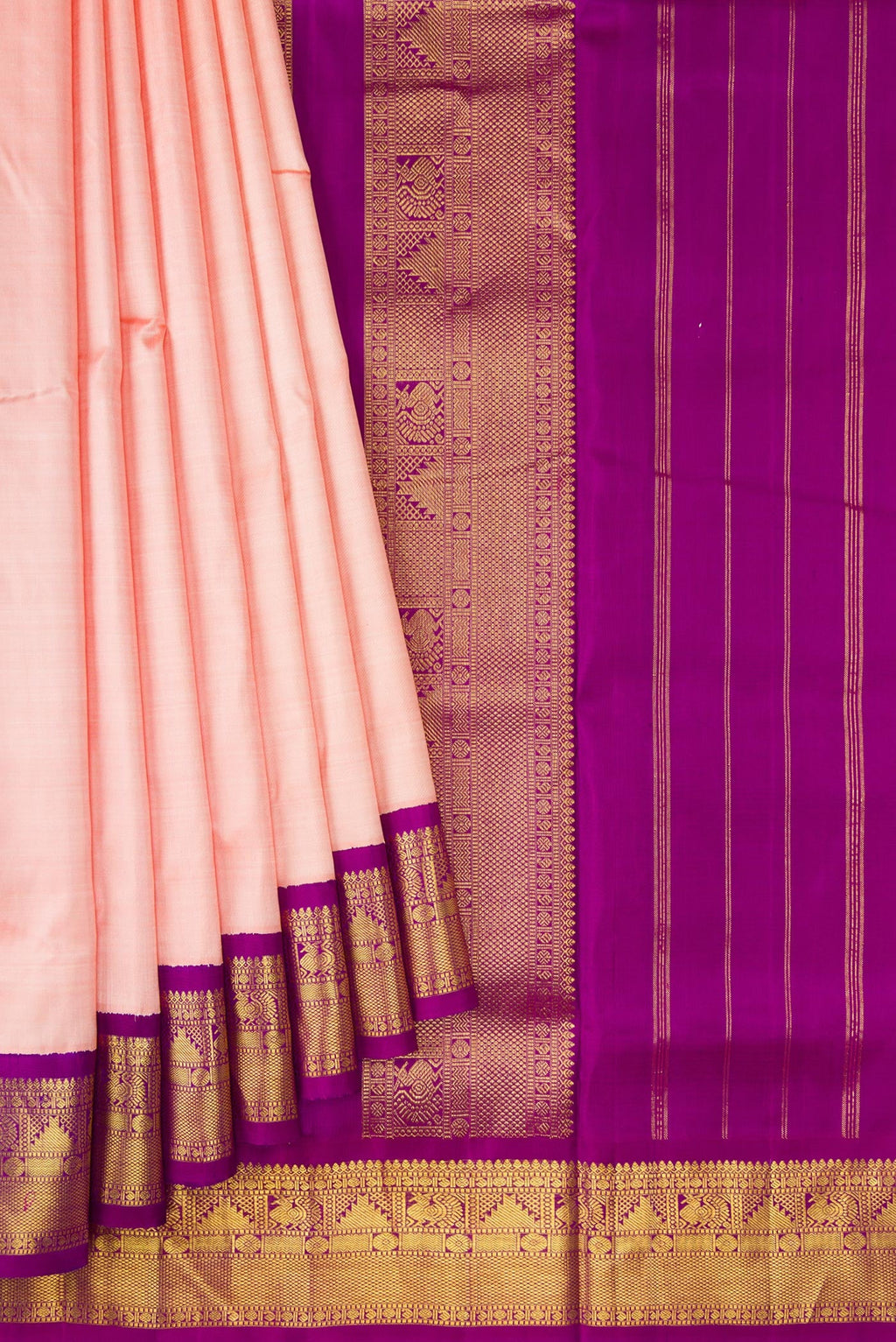 Pleats and pallu of Pure Silk Pure Zari Golden Peach Kanchipuram Nine Yards Saree with Plain Body and Zari Border. 