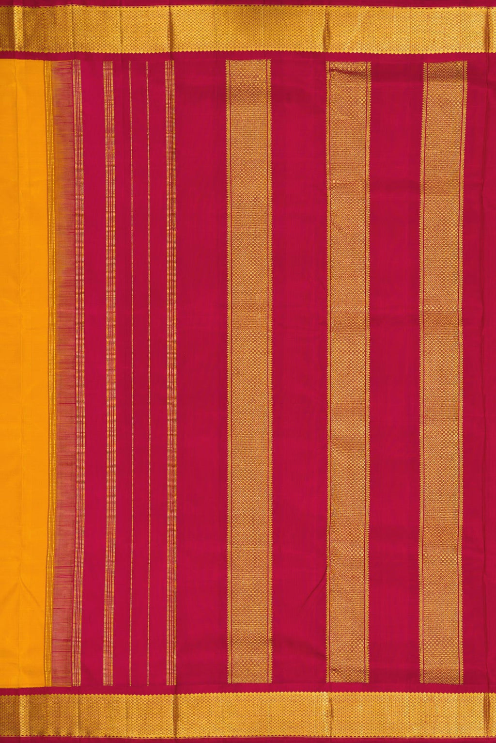Close up image of the pallu of Pure Silk Pure Zari Mustard Dual Tone Kanchipuram Nine Yards Saree with Stripes on the body and Zari Border. 