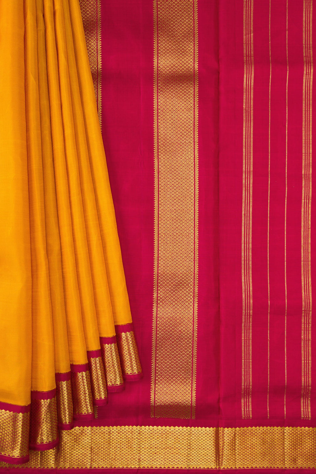 Pleats and pallu of Pure Silk Pure Zari Mustard Dual Tone Kanchipuram Nine Yards Saree with Stripes on the body and Zari Border. 