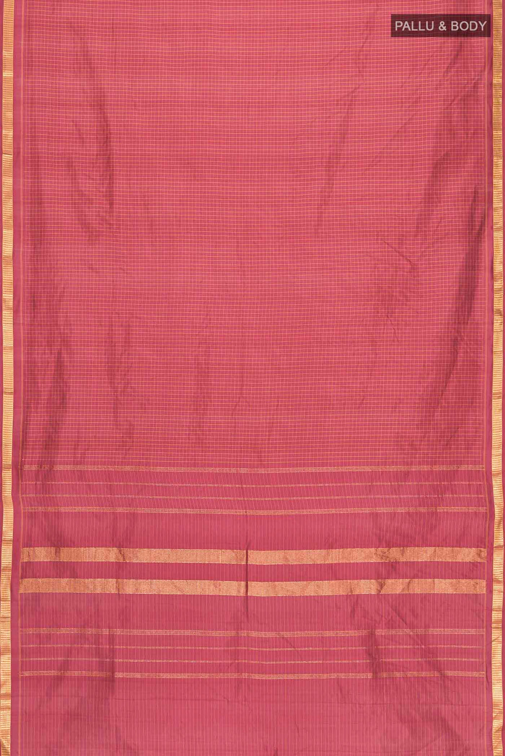 Flat view of Maroon Kanchipuram Silk Saree with Checked design on the body and Zari Border