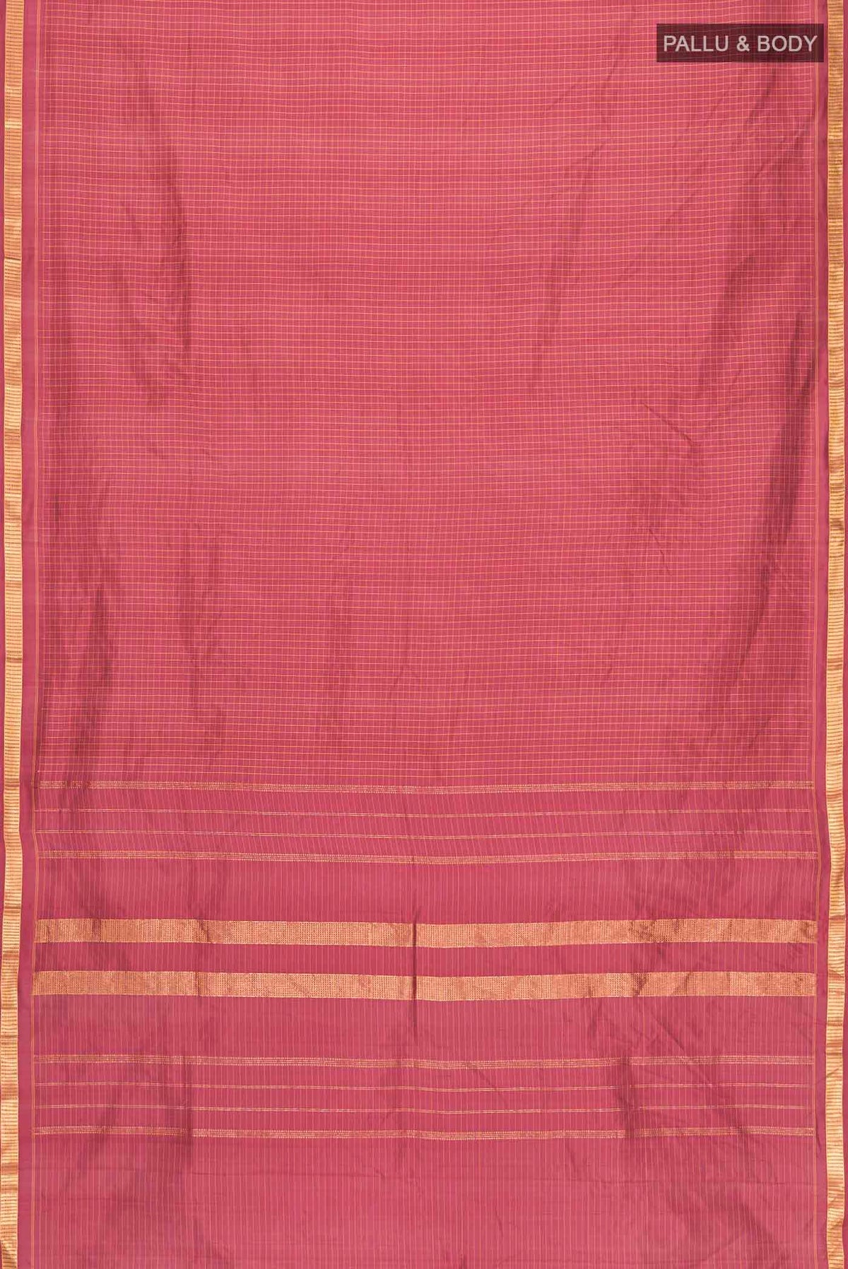 Flat view of Maroon Kanchipuram Silk Saree with Checked design on the body and Zari Border