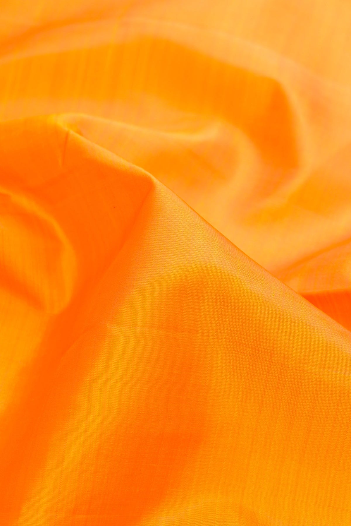 Close up of Orange Dual Tone Kanjivaram Silk Nine Yards Saree with Plain Body and Zari Border.  displaying folds