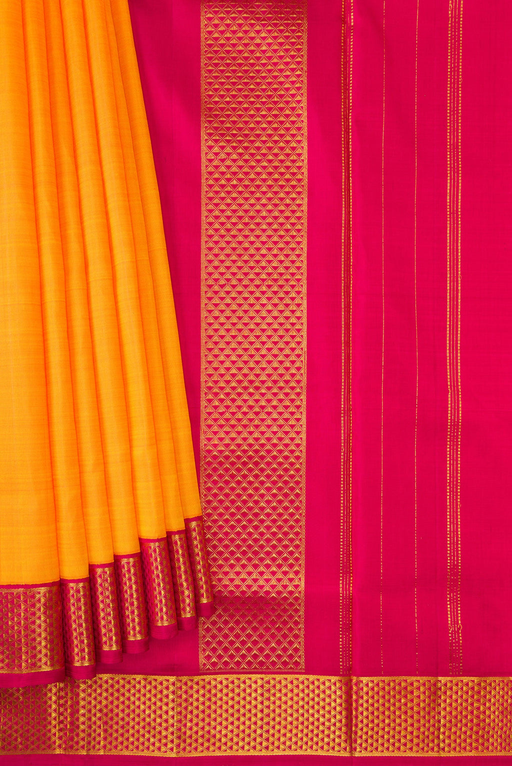 Pleats and pallu of Orange Dual Tone Kanjivaram Silk Nine Yards Saree with Plain Body and Zari Border. 