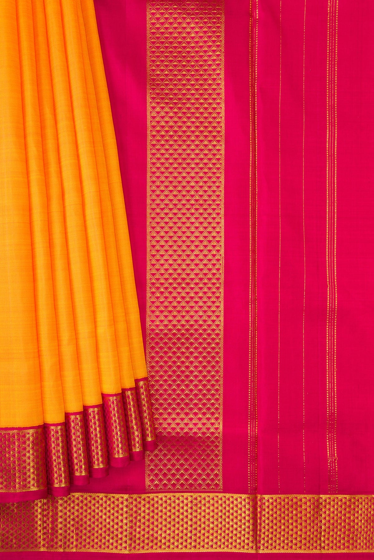 Pleats and pallu of Orange Dual Tone Kanjivaram Silk Nine Yards Saree with Plain Body and Zari Border. 