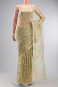 Beige Tissue Silk Saree with Stripes on the body and Zari Border displayed on a mannequin