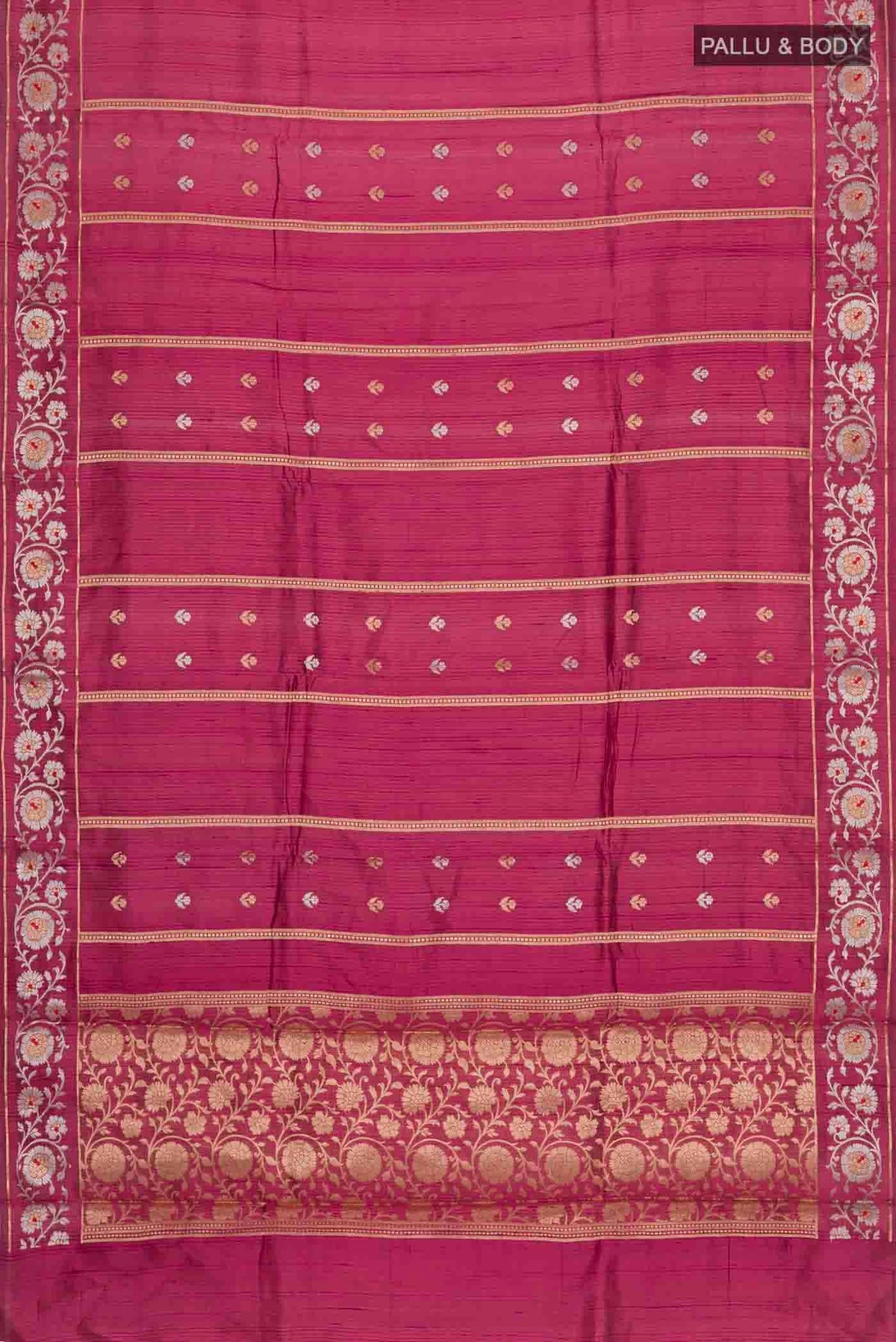 Flat view of Magenta Banarasi Raw Silk Saree with Zari Butta on the body and Zari Border