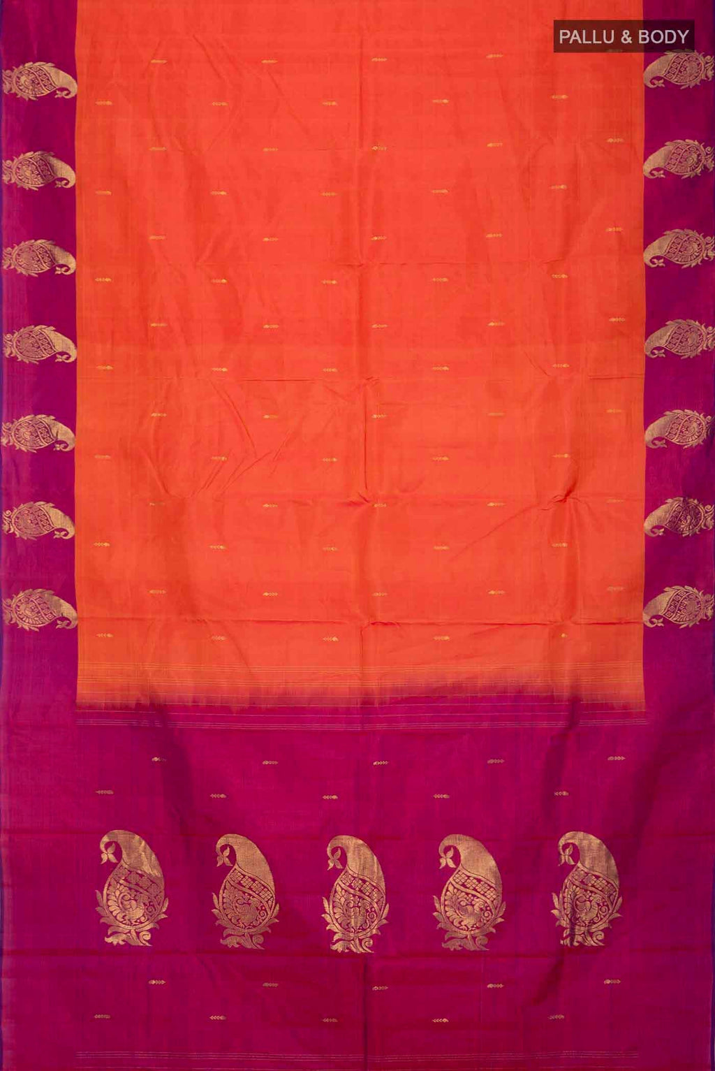 Flat view of Orange Kanchipuram Silk Saree with Zari Butta on the body and Zari Border