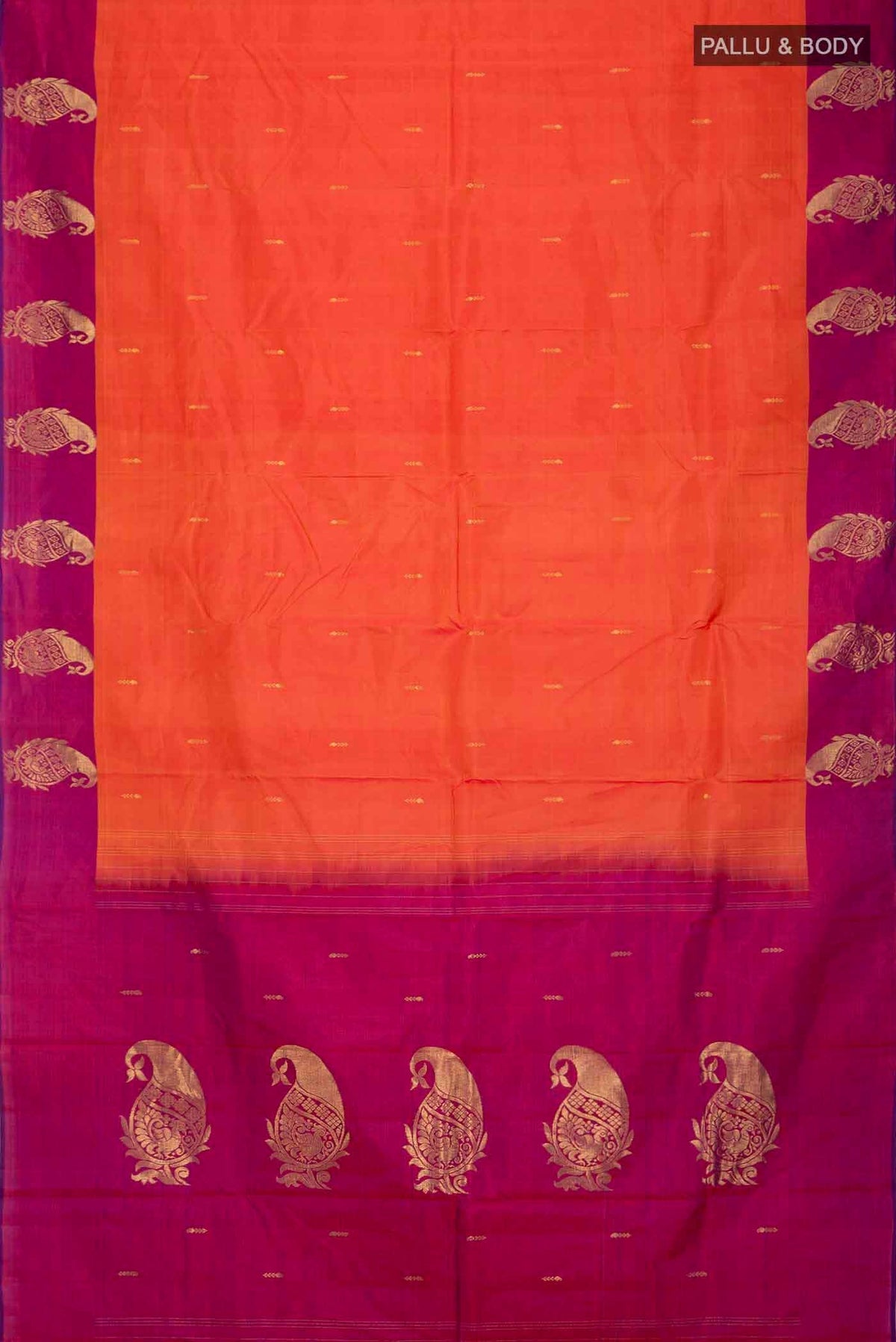 Flat view of Orange Kanchipuram Silk Saree with Zari Butta on the body and Zari Border