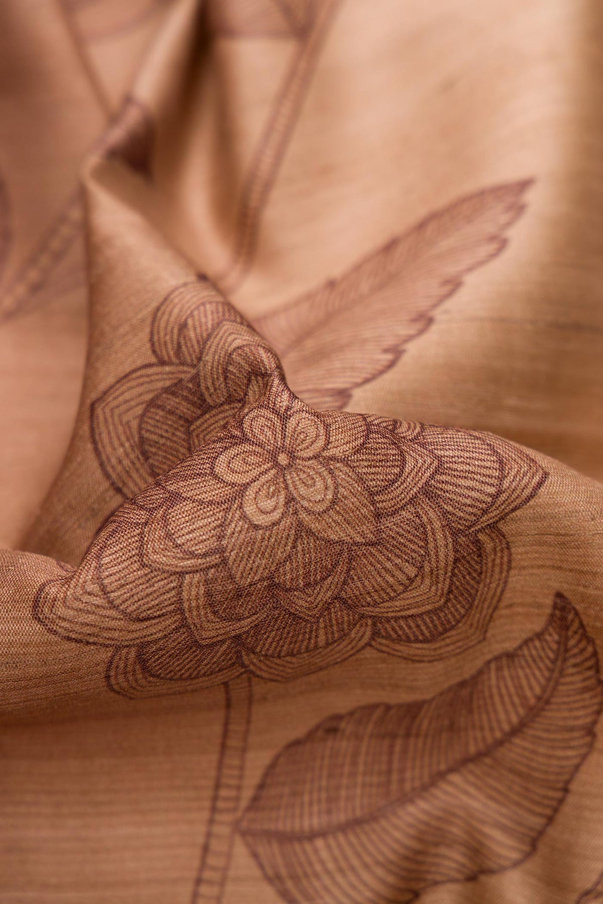 Close up of Brown Dual Tone Tussar Silk Saree with Printed design on the body and Embroidery Border.  displaying folds