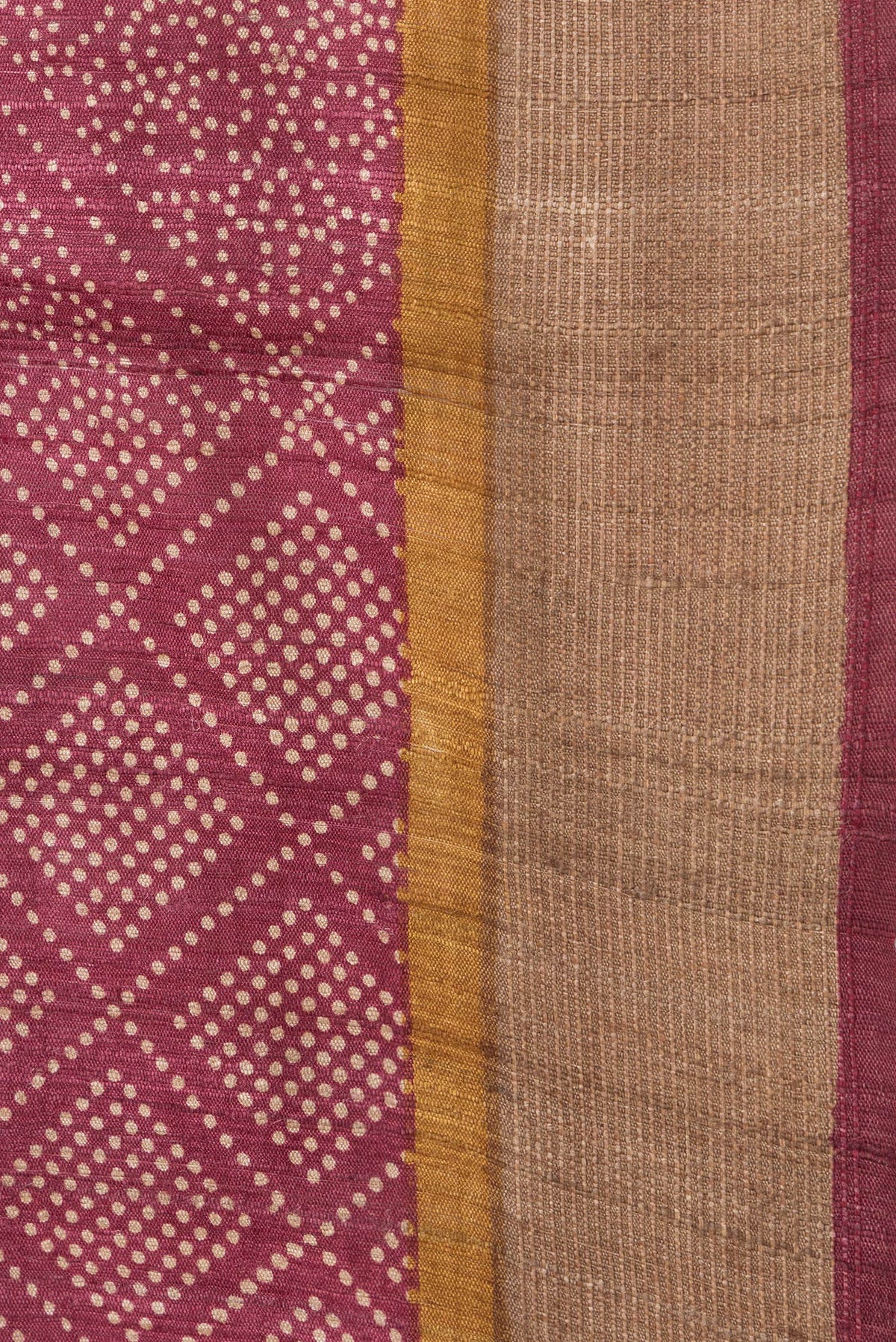Border image of Maroon Dual Tone Tussar Silk Saree with Printed design on the body and Zari And Thread Border. 