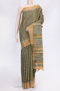 Mehandi Green Dual Tone Tussar Silk Saree with Printed design on the body and Zari Border.  displayed on a mannequin