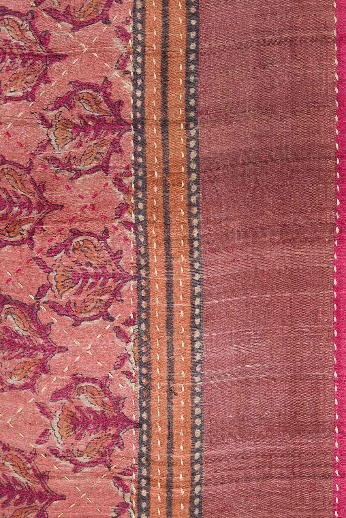 Border image of Golden Peach Dual Tone Tussar Silk Saree with Printed design on the body and Embroidery Border. 