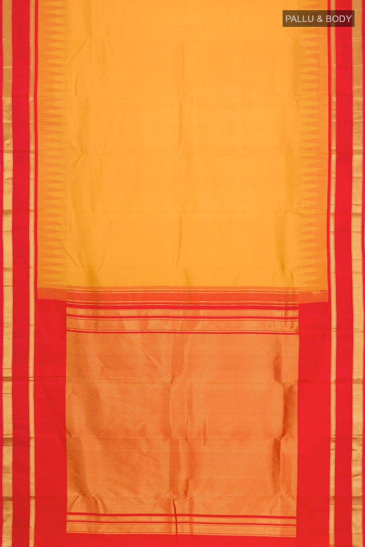 Flat view of Yellow Kanchipuram Silk Saree with Plain Body and Zari Border