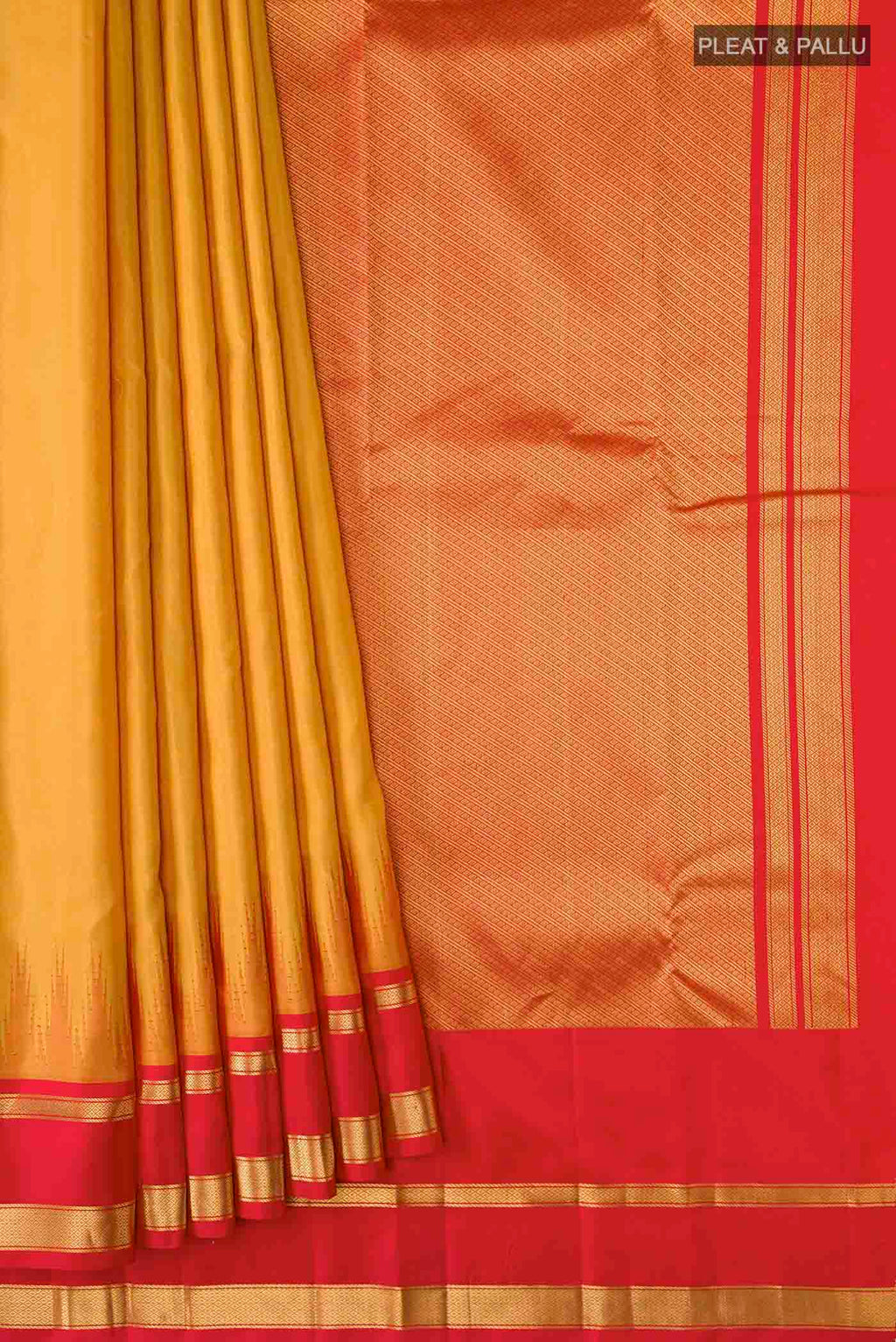 Pleats and pallu of Yellow Kanchipuram Silk Saree with Plain Body and Zari Border