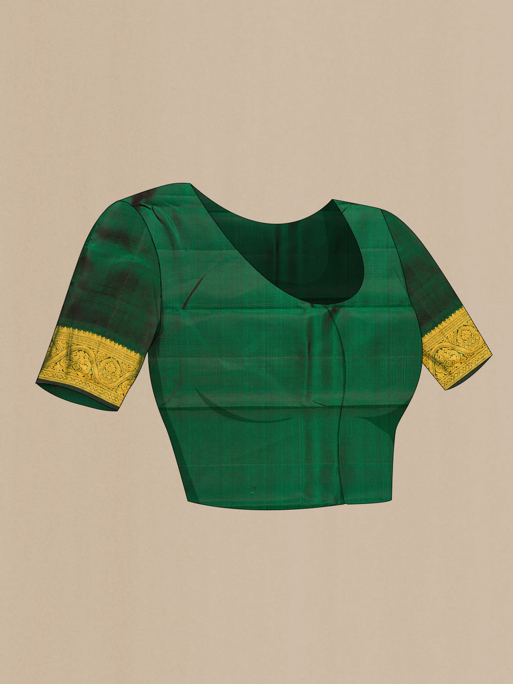 Close up image of the blouse of Green Dual Tone Kanchipuram Silk Saree with Zari Butta on the body and Zari Border