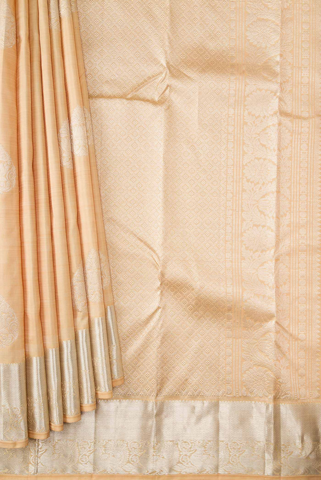 Pleats and pallu of Sandal Dual Tone Kanchipuram Silk Saree with Zari Butta on the body and Zari Border