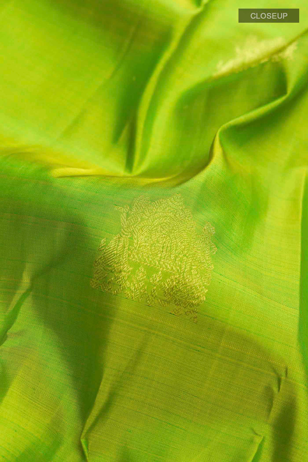 Close up of Green Kanchipuram Silk Saree with Zari Butta on the body and Zari Border displaying folds