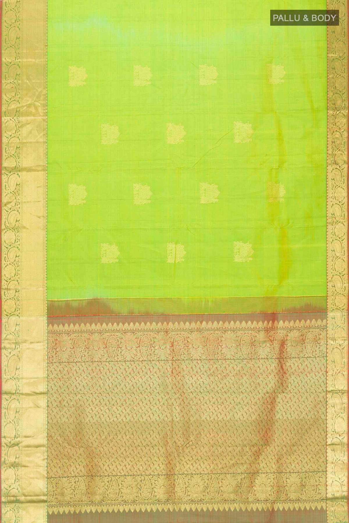 Flat view of Green Kanchipuram Silk Saree with Zari Butta on the body and Zari Border