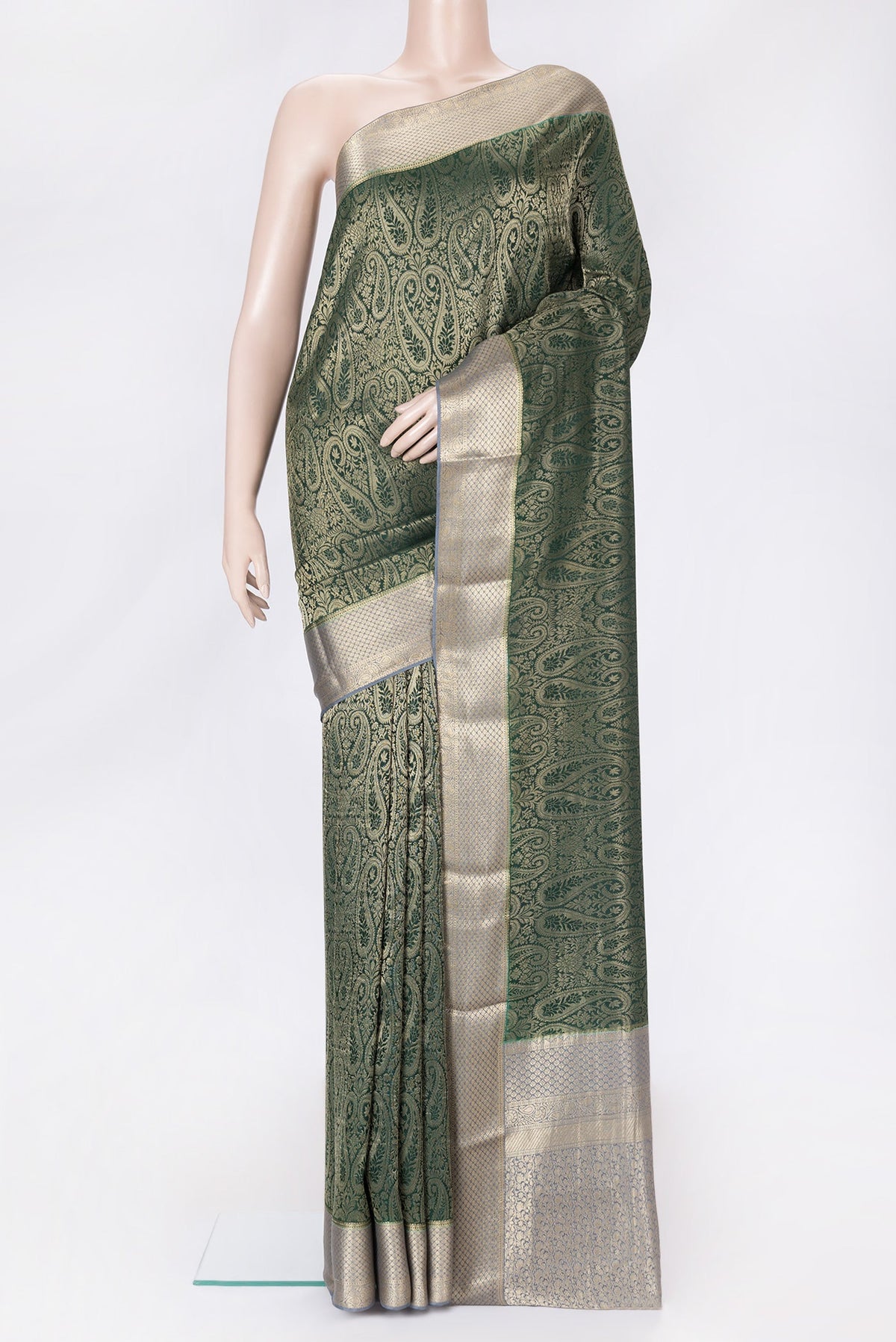 Bottle Green Dual Tone Mysore Silk Saree with Zari Brocade on the body and Zari Border.  displayed on a mannequin