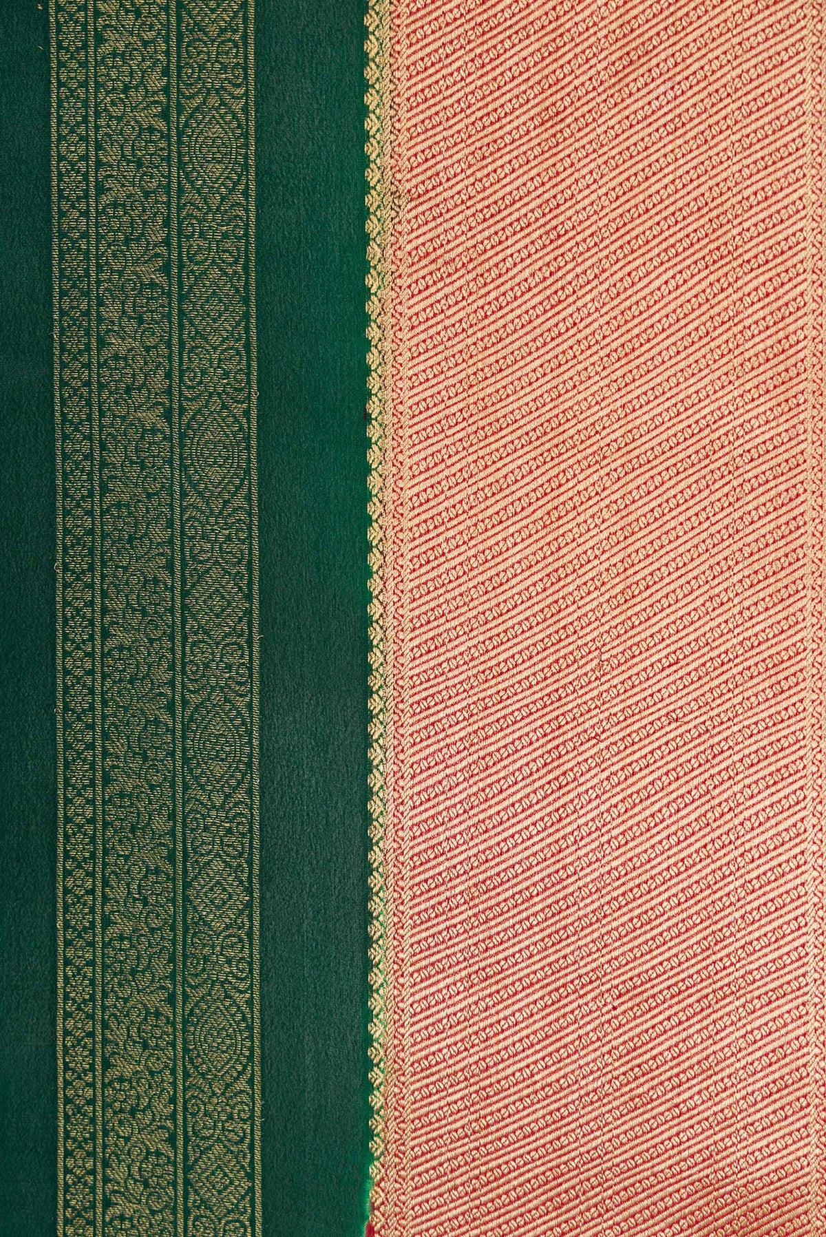Border image of Bottle Green Dual Tone Mysore Silk Saree with Stripes on the body and Zari Border. 