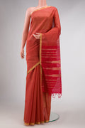 Red Dual Tone Silk Cotton Saree with Checked design on the body and Zari Border displayed on a mannequin