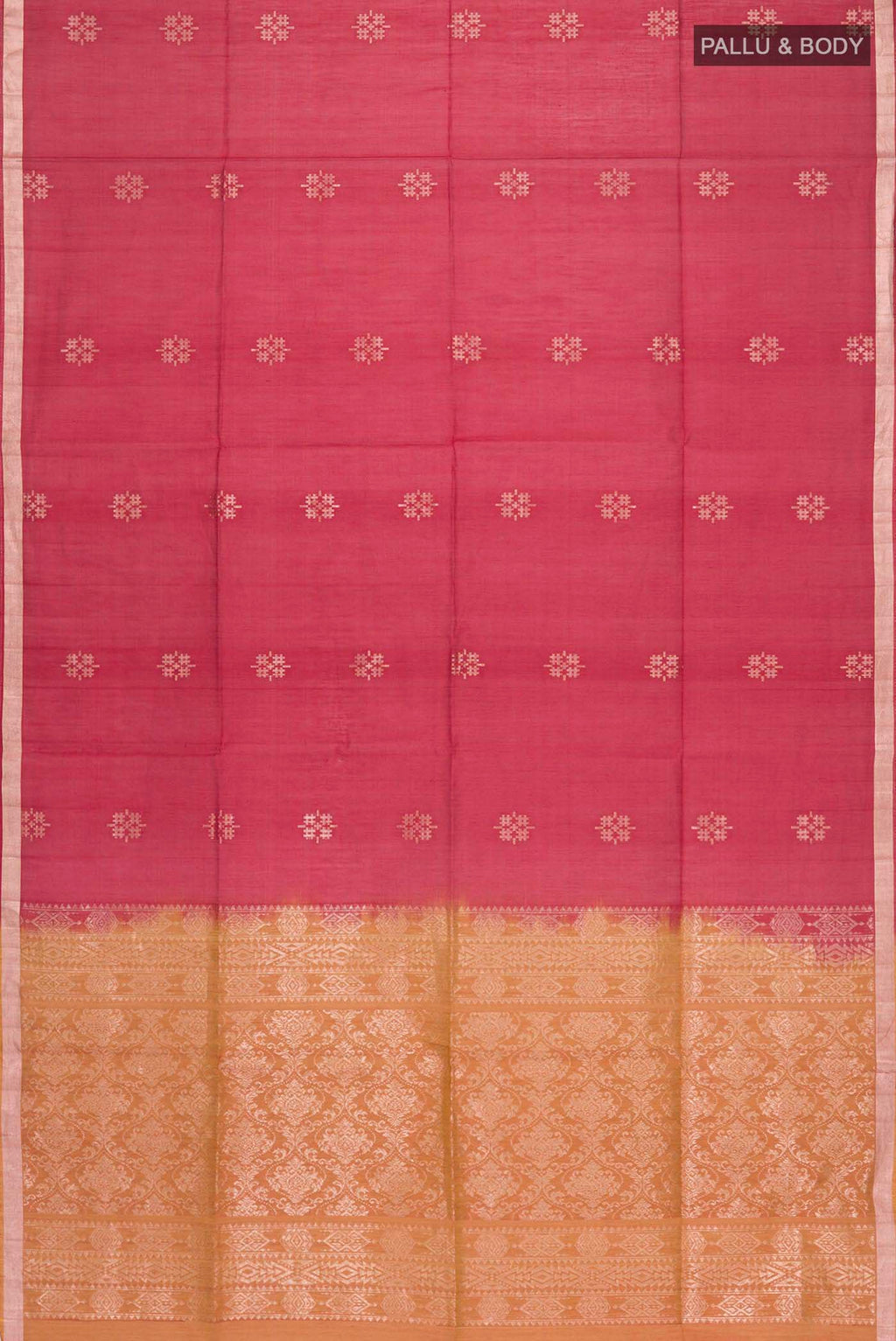 Flat view of Maroon Silk Cotton Saree with Zari Butta on the body and Zari Border