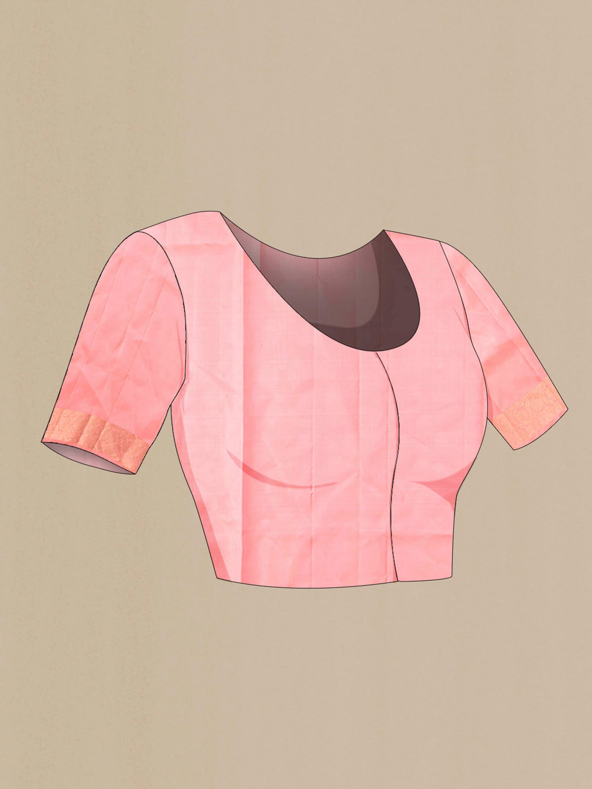 Close up image of the blouse of Coral Soft Silk Saree with Zari Butta on the body and Zari Border