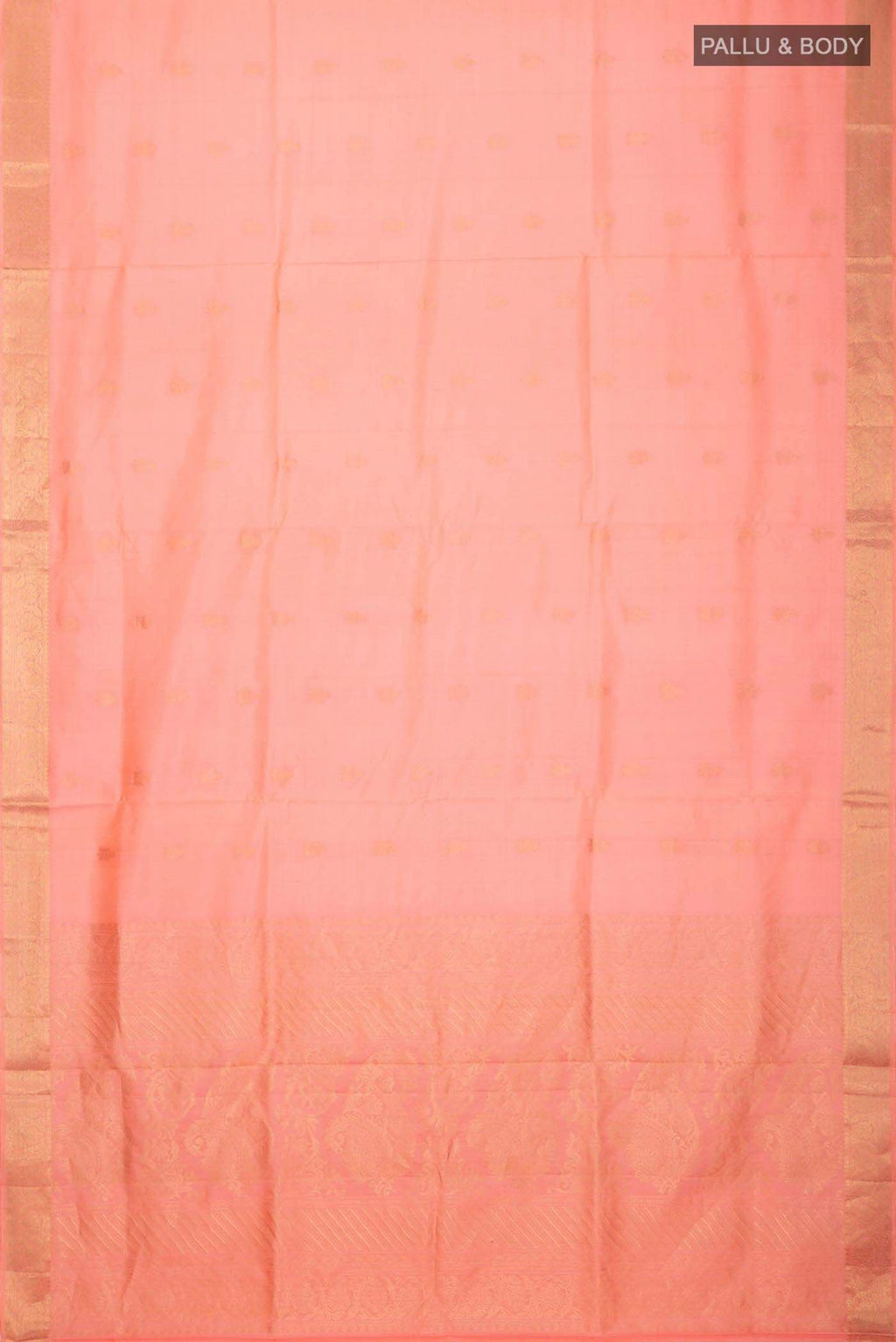 Flat view of Coral Soft Silk Saree with Zari Butta on the body and Zari Border