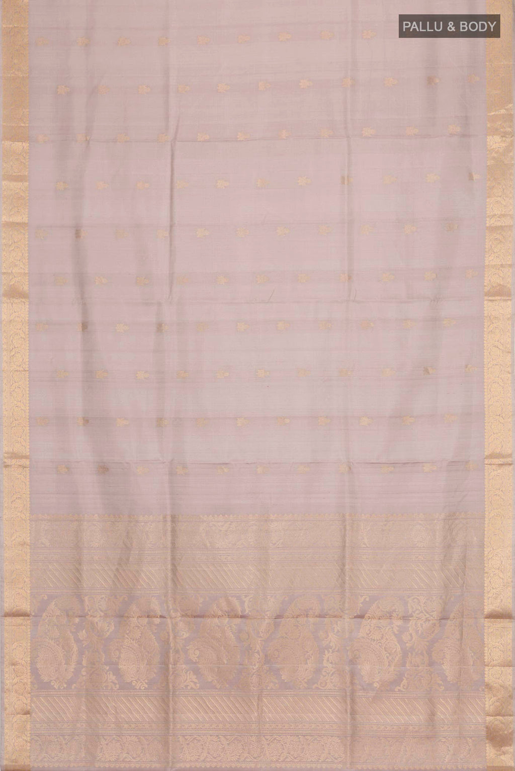 Flat view of Grey Soft Silk Saree with Zari Butta on the body and Zari Border