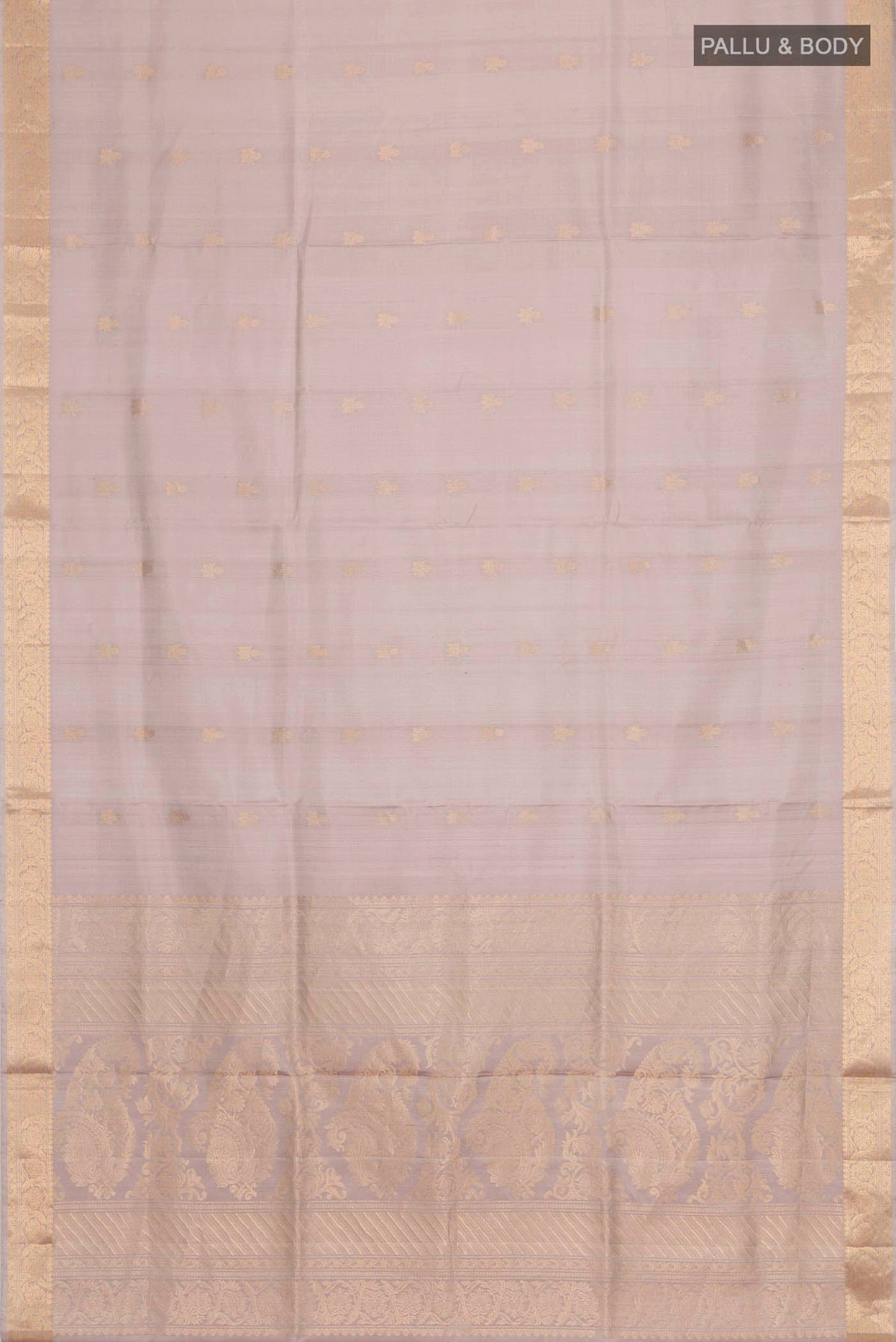 Flat view of Grey Soft Silk Saree with Zari Butta on the body and Zari Border