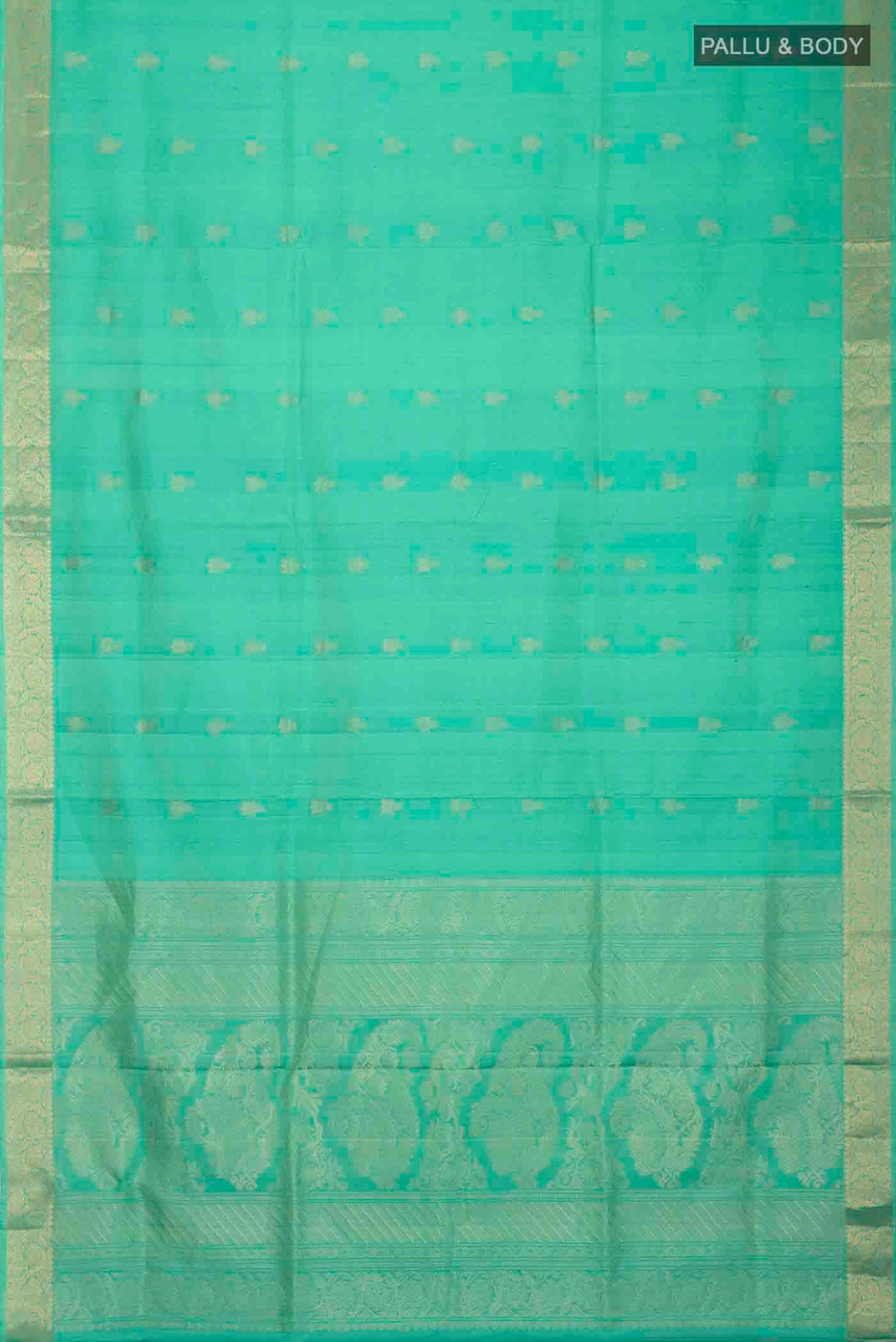 Flat view of Green Soft Silk Saree with Zari Butta on the body and Zari Border