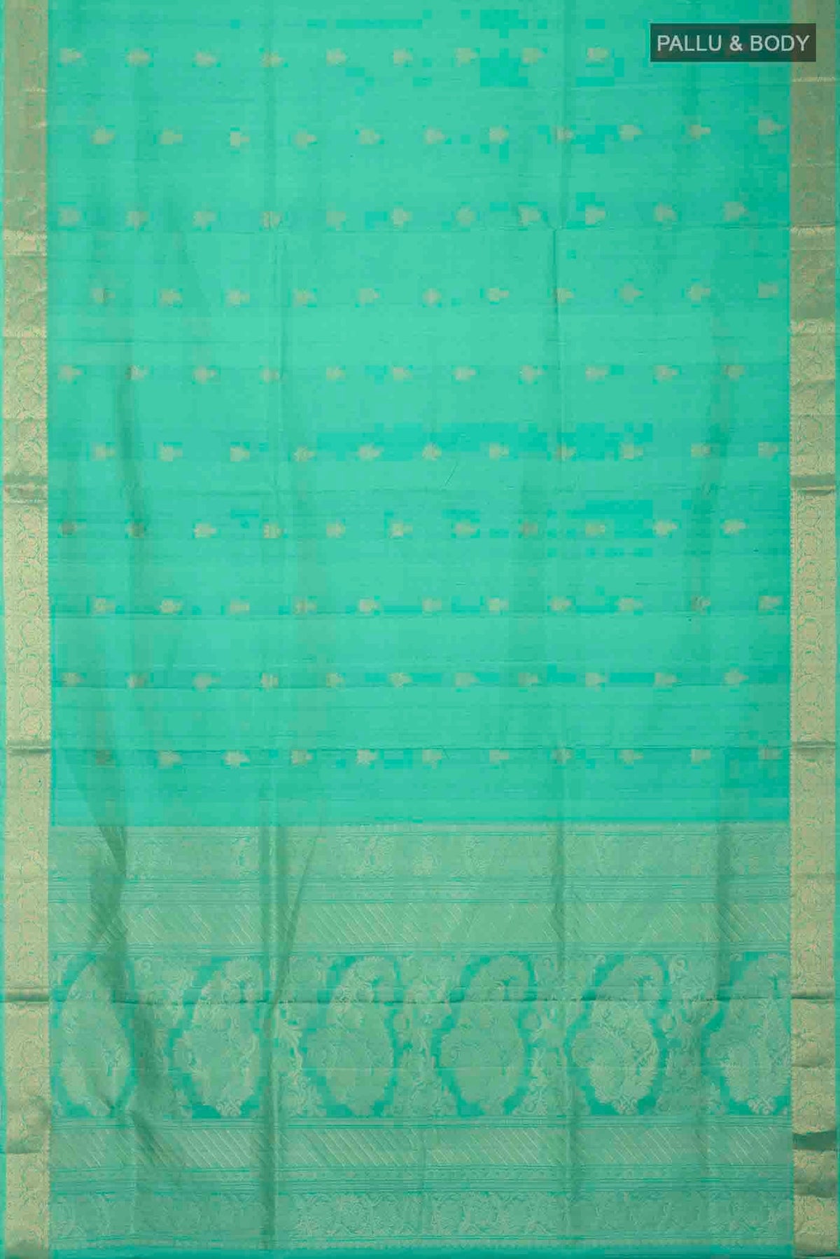 Flat view of Green Soft Silk Saree with Zari Butta on the body and Zari Border