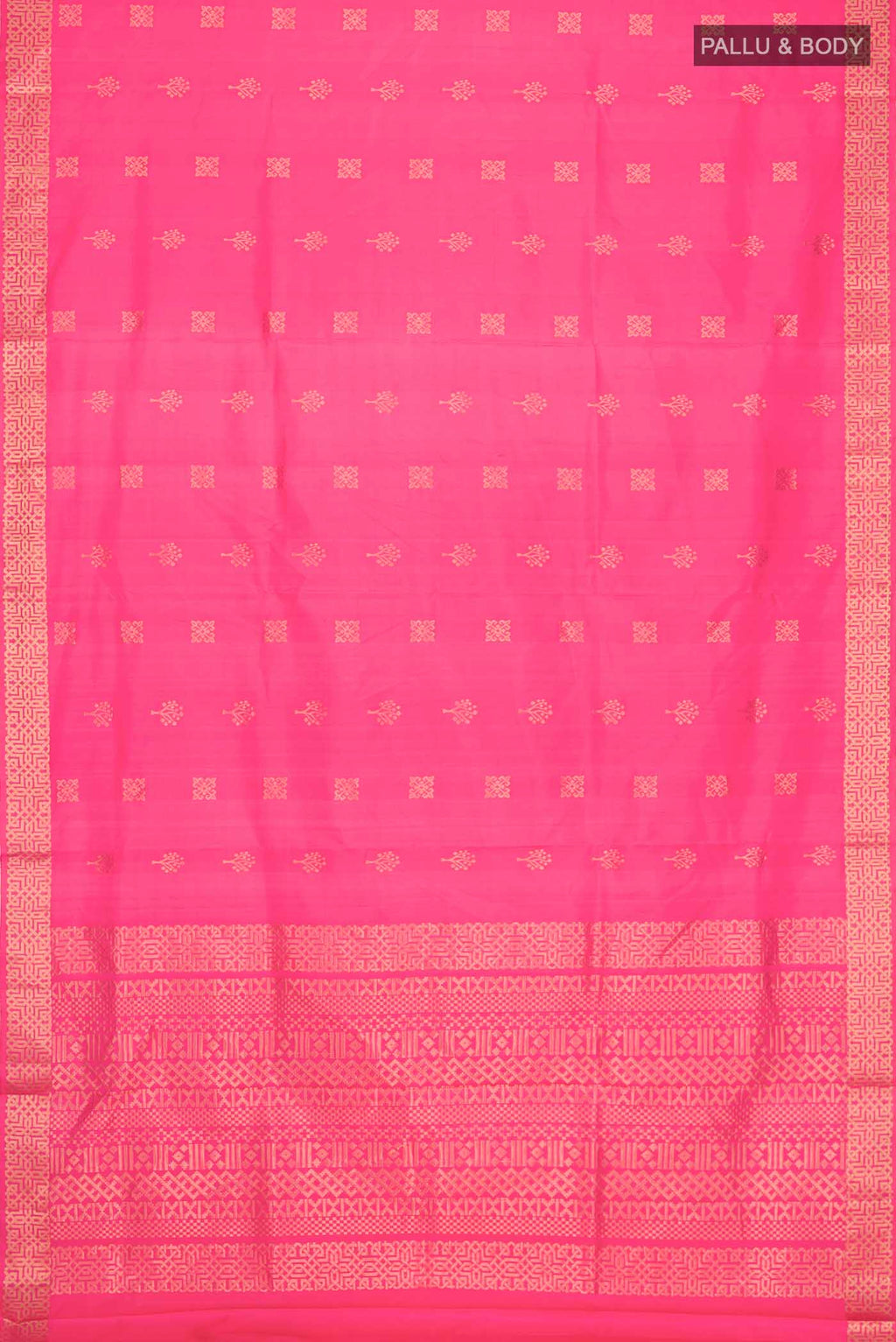 Flat view of Pink Soft Silk Saree with Zari Butta on the body and Zari Border