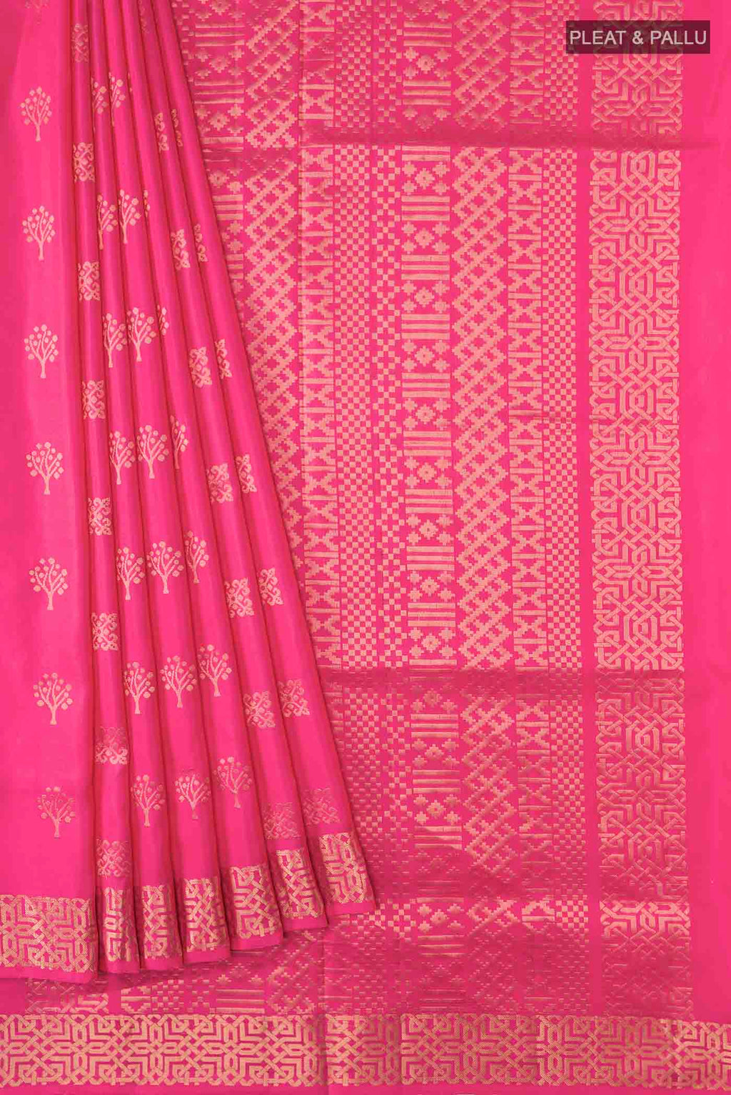 Pleats and pallu of Pink Soft Silk Saree with Zari Butta on the body and Zari Border