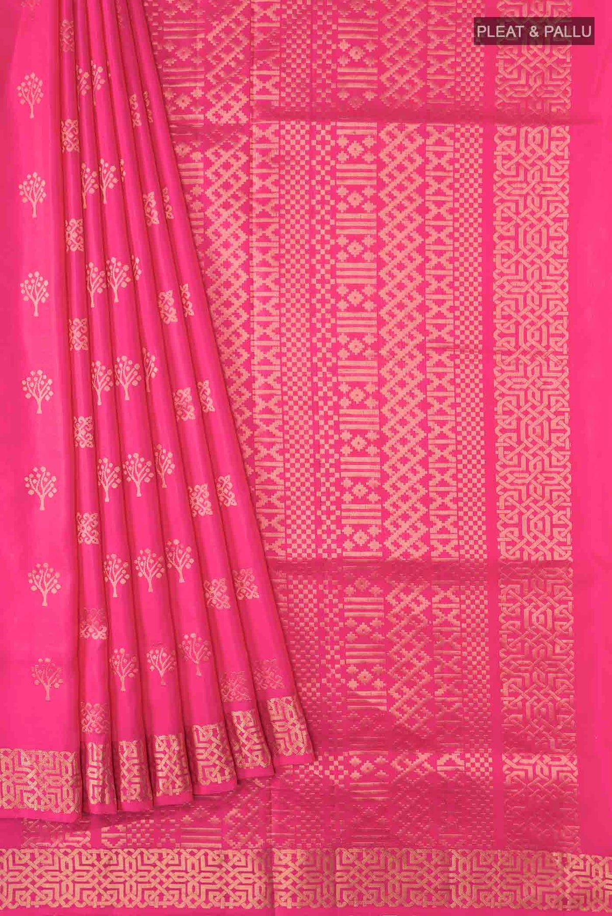 Pleats and pallu of Pink Soft Silk Saree with Zari Butta on the body and Zari Border