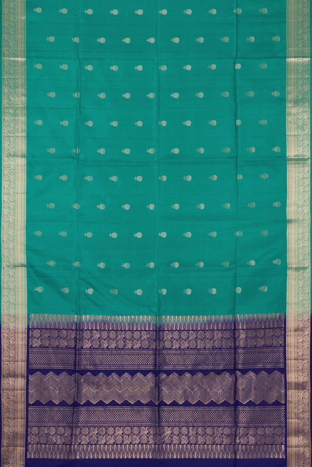 Flat view of Green Dual Tone Soft Silk Saree with Zari Butta on the body and Zari Border. 