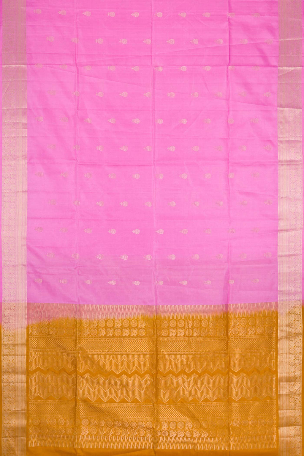 Flat view of Rose pink Soft Silk Saree with Zari Butta on the body and Zari Border
