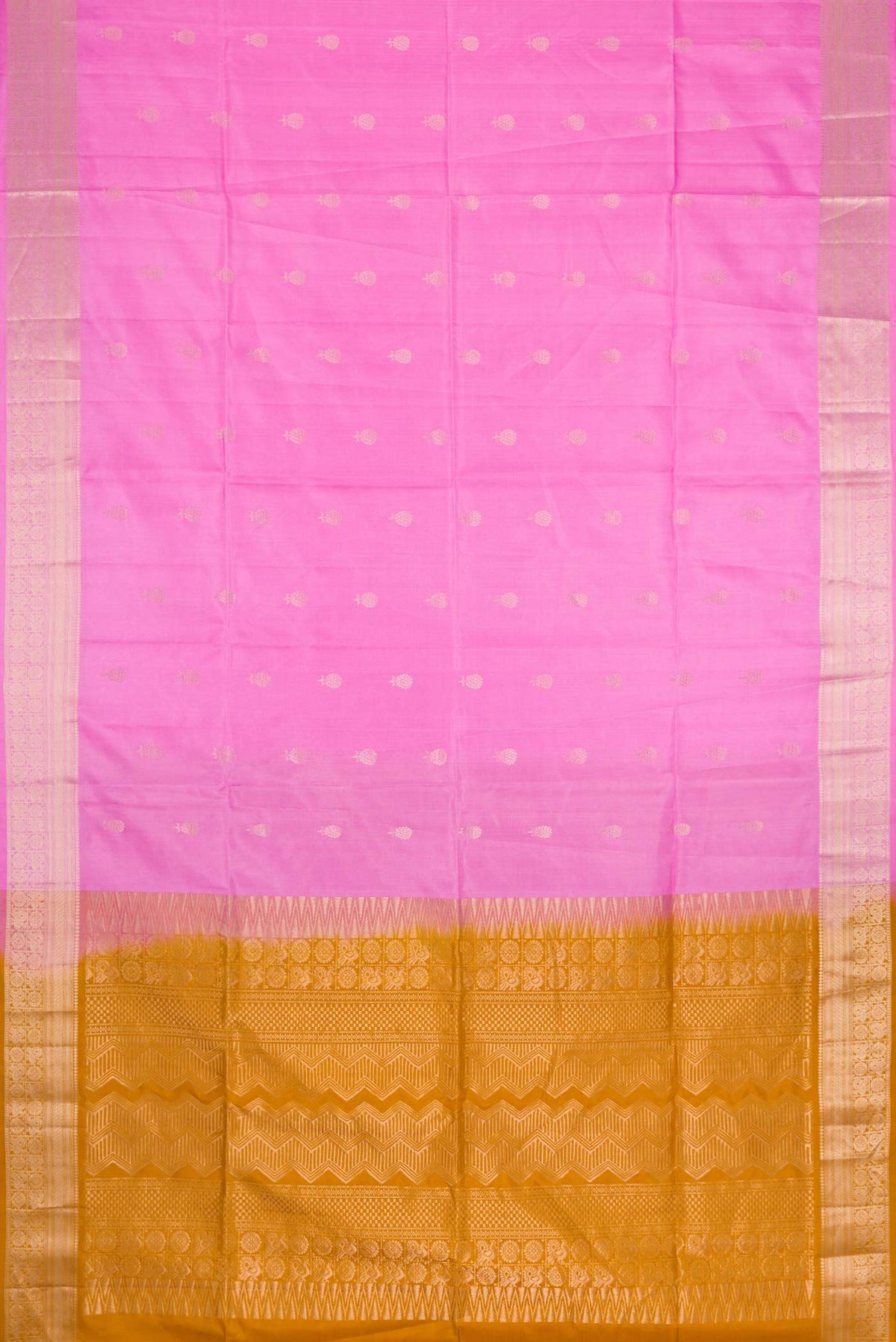 Flat view of Rose pink Soft Silk Saree with Zari Butta on the body and Zari Border