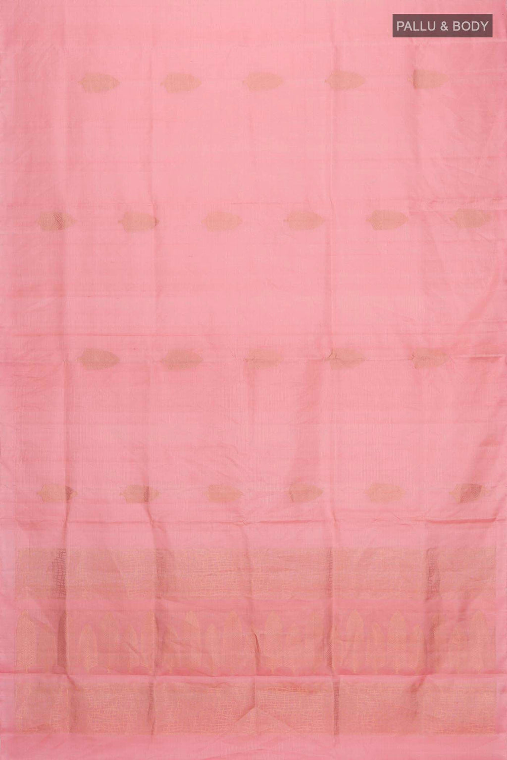 Flat view of Rose pink Soft Silk Saree with Zari Butta on the body and Without Border