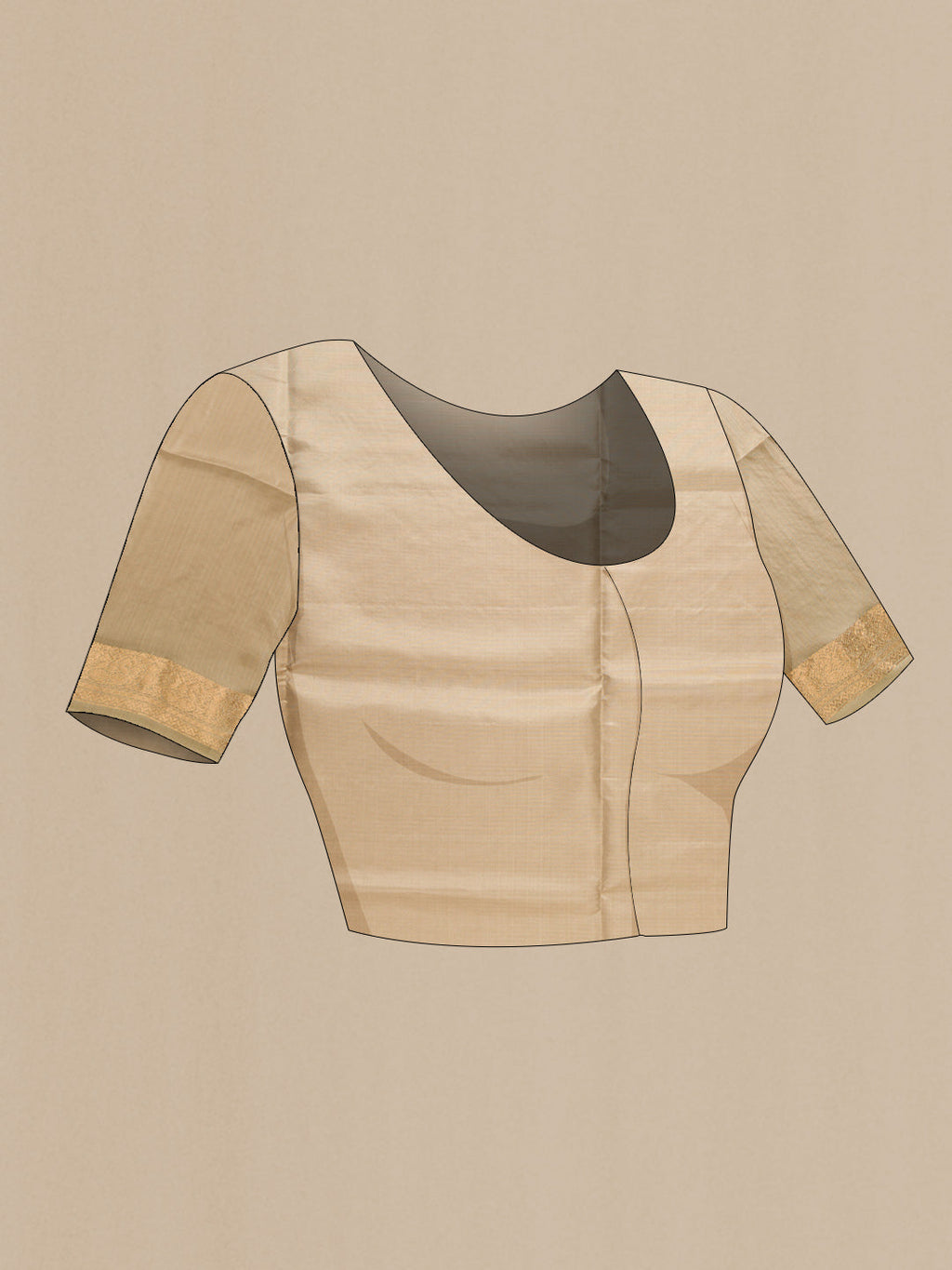 Close up image of the blouse of Beige Dual Tone Soft Silk Saree with Zari Butta on the body and Zari Border