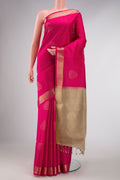 Dark Pink Dual Tone Soft Silk Saree with Zari Butta on the body and Zari Border displayed on a mannequin