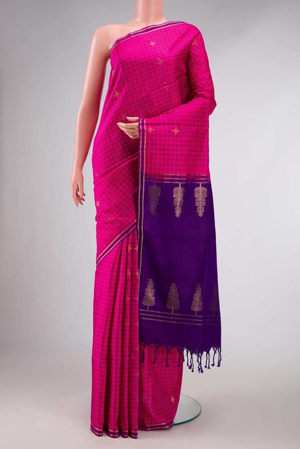 Pink Dual Tone Soft Silk Saree with Checked design on the body and Zari Border displayed on a mannequin
