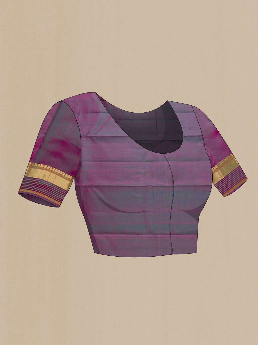 Close up image of the blouse of Green Dual Tone Kanchipuram Silk Saree with Stripes on the body and Zari Border
