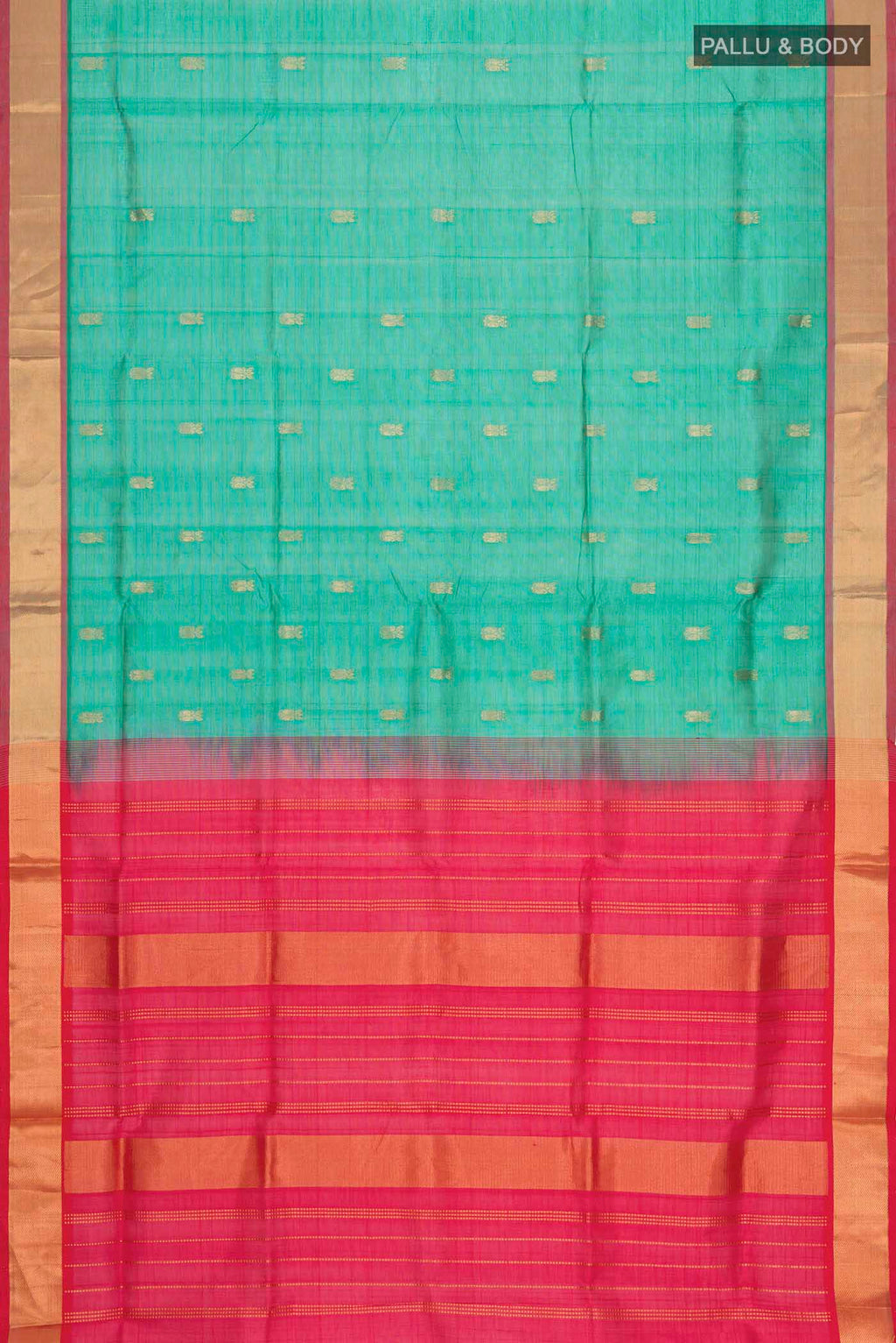Flat view of Green Silk Cotton Saree with Zari Butta on the body and Zari Border